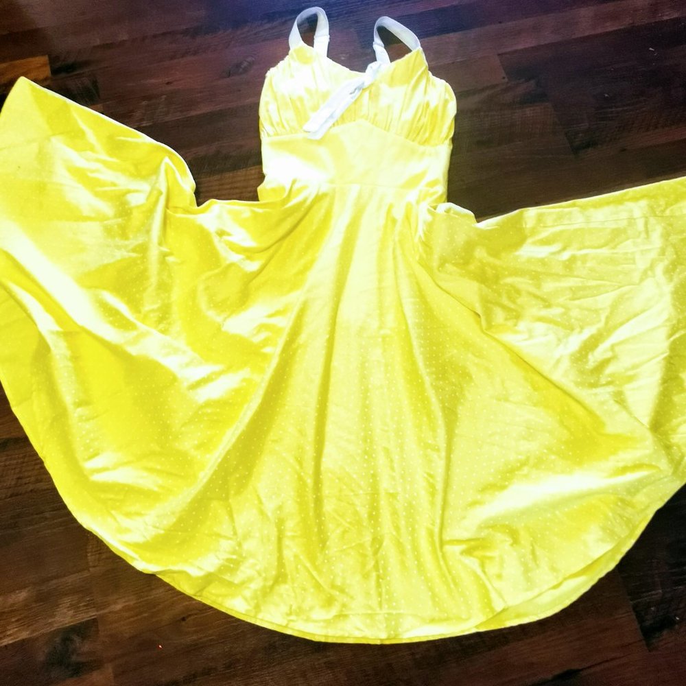 Pinup Couture Yellow  Swing Dress Rockabilly Bow  White Polka Dots M Retro Molly